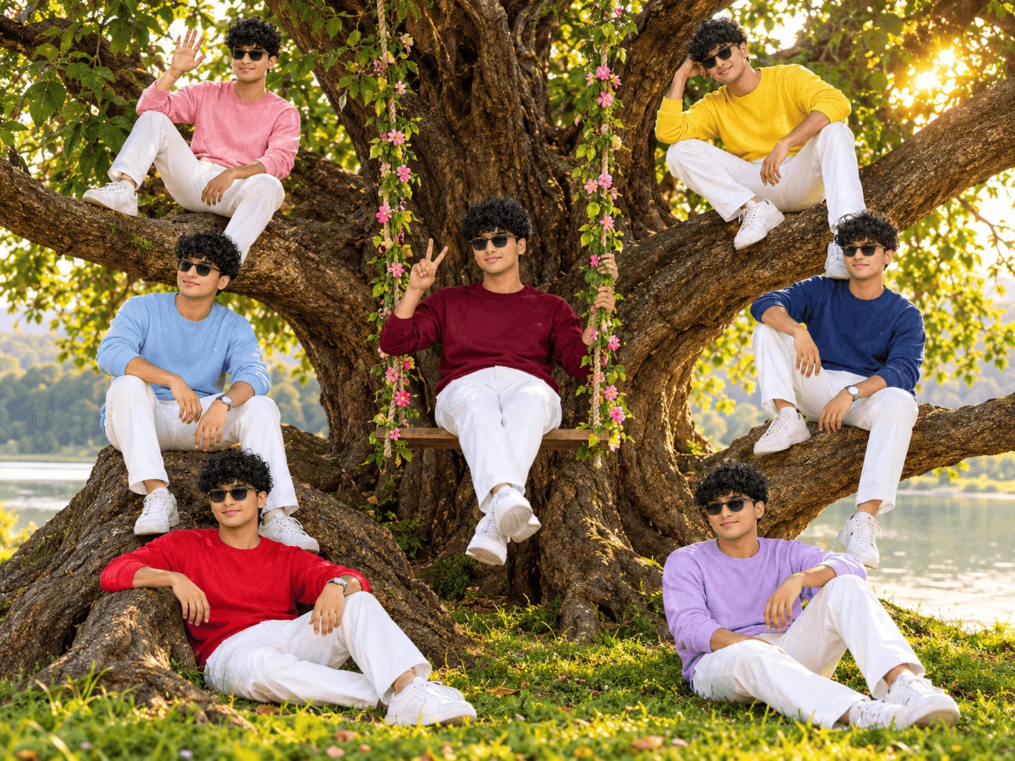 AI Photo Prompt Seven Clones Around a Giant Tree - AI prompt