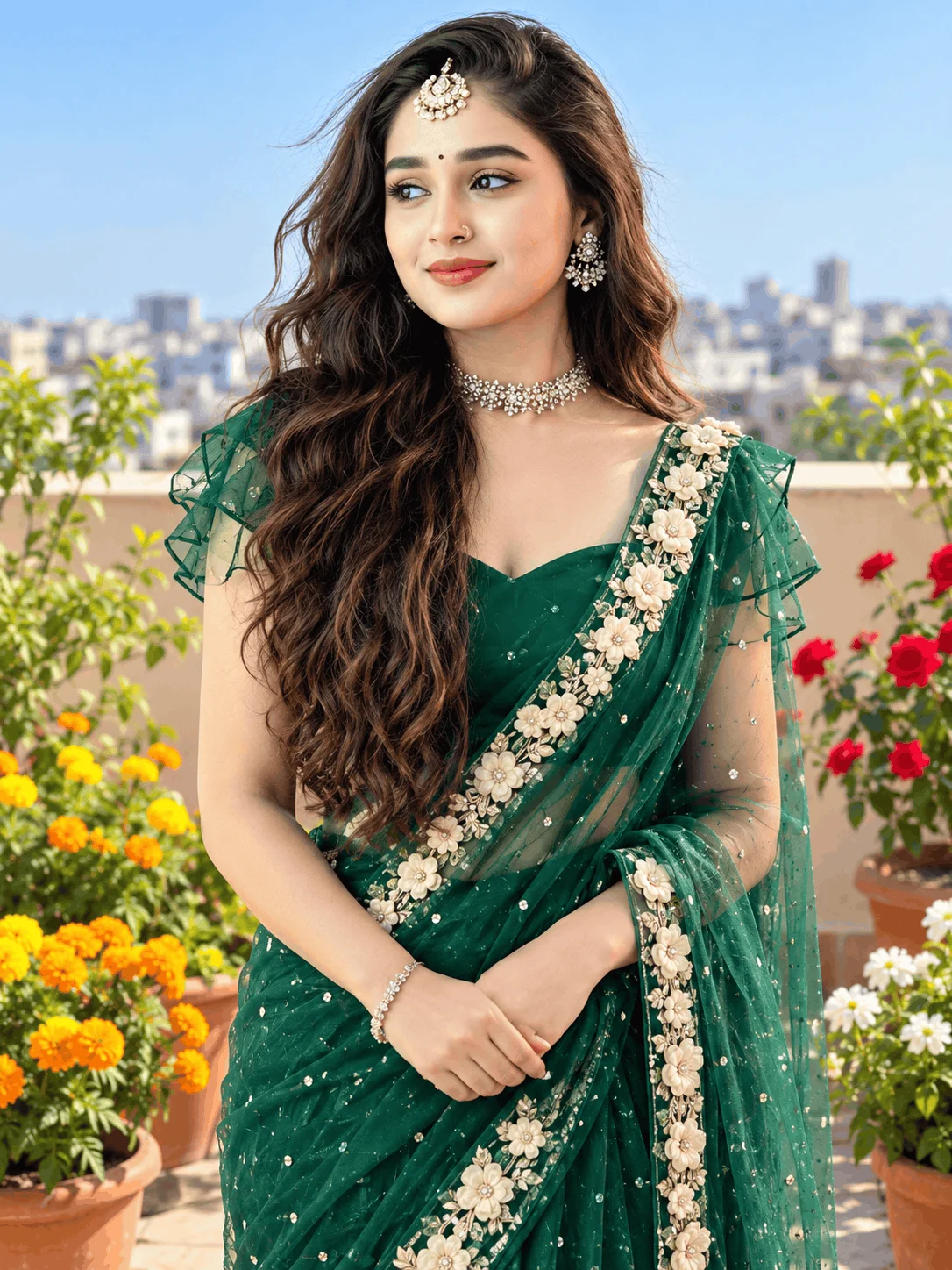 Emerald Green Saree Rooftop Photoshoot Ideas in Daylight - AI prompt