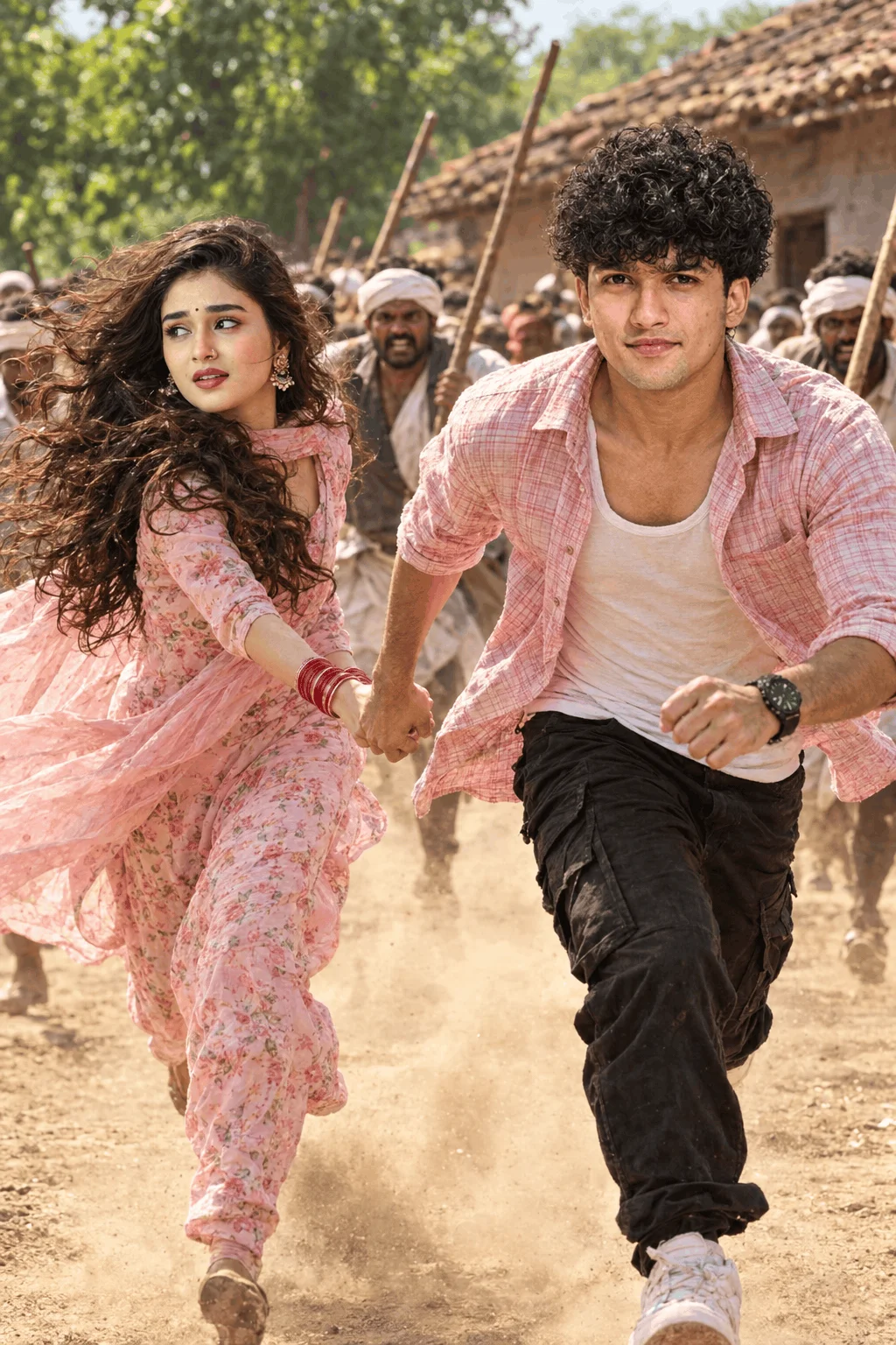 Dusty Village Chase Photo Prompt with a Pink Outfit - AI prompt