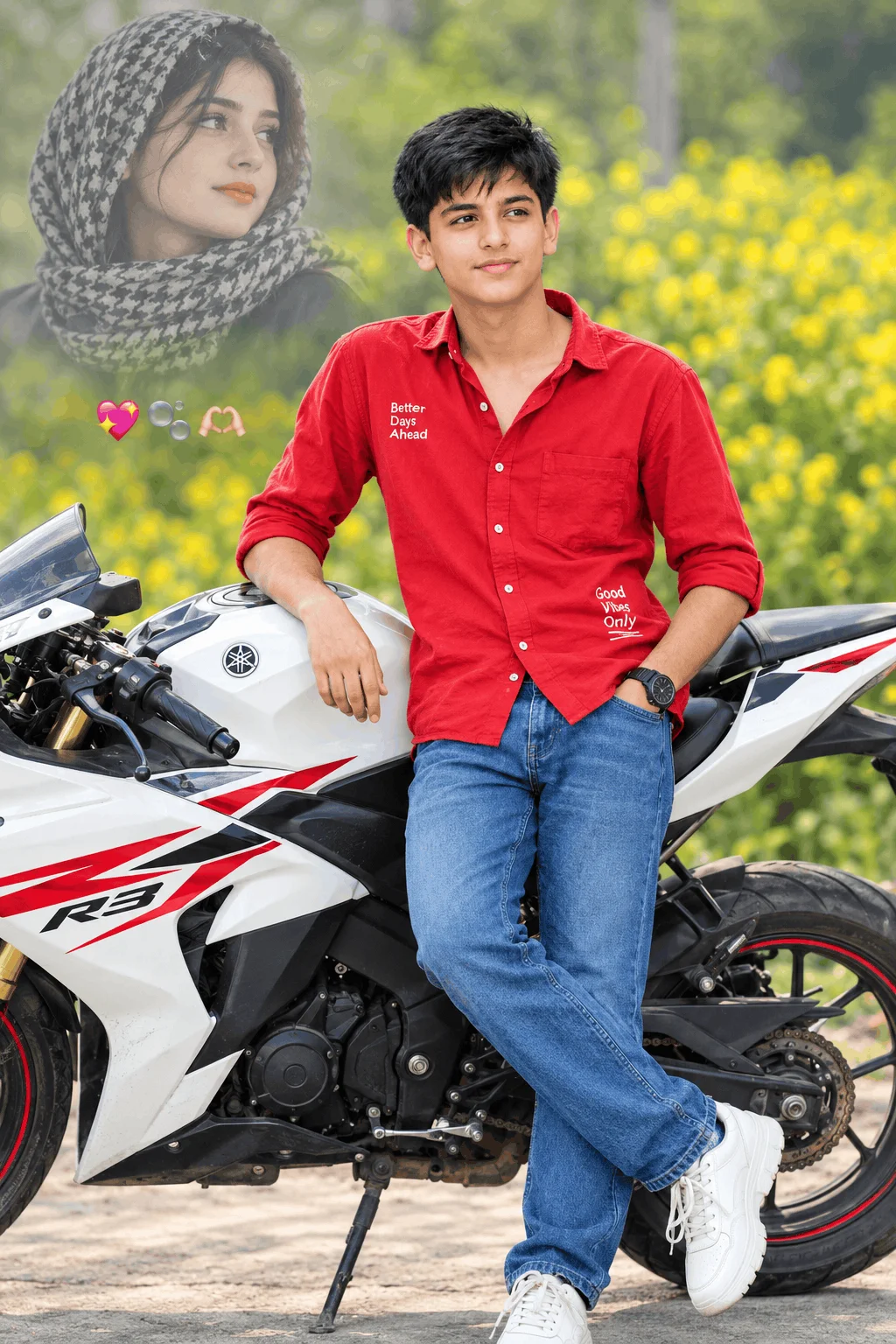 Red Shirt Motorcycle Photoshoot with Dreamy Flower Background - AI prompt