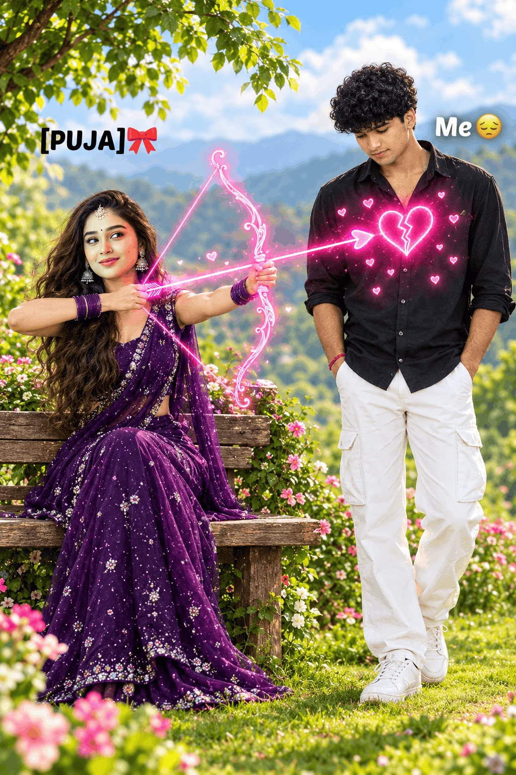 Purple Saree Love Arrow Photo Editing Idea for Couples - AI prompt