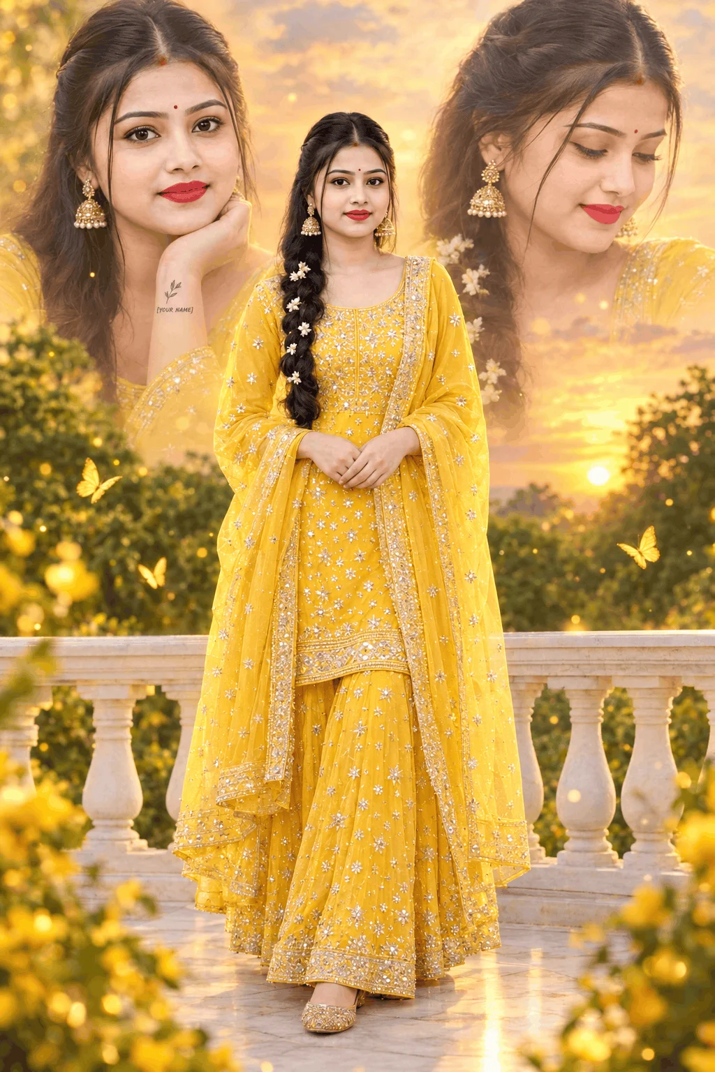 Yellow Sharara Portrait Ideas with a Dreamy Sunset Glow - AI prompt