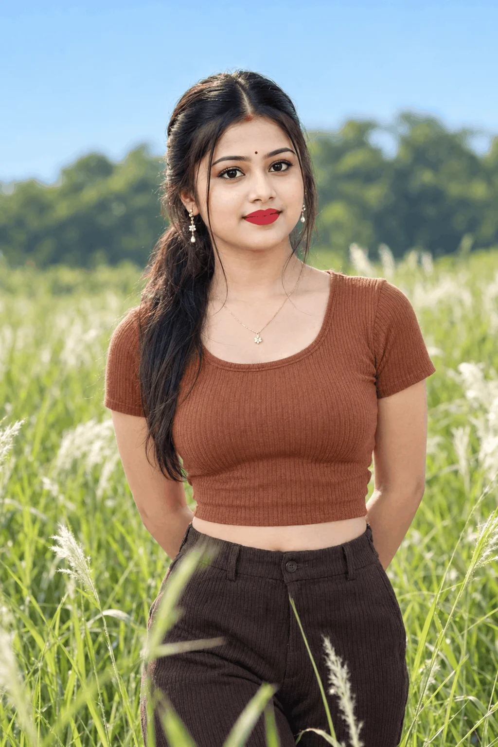Copper Brown Outfit Ideas for a Sunlit Meadow Portrait - AI prompt
