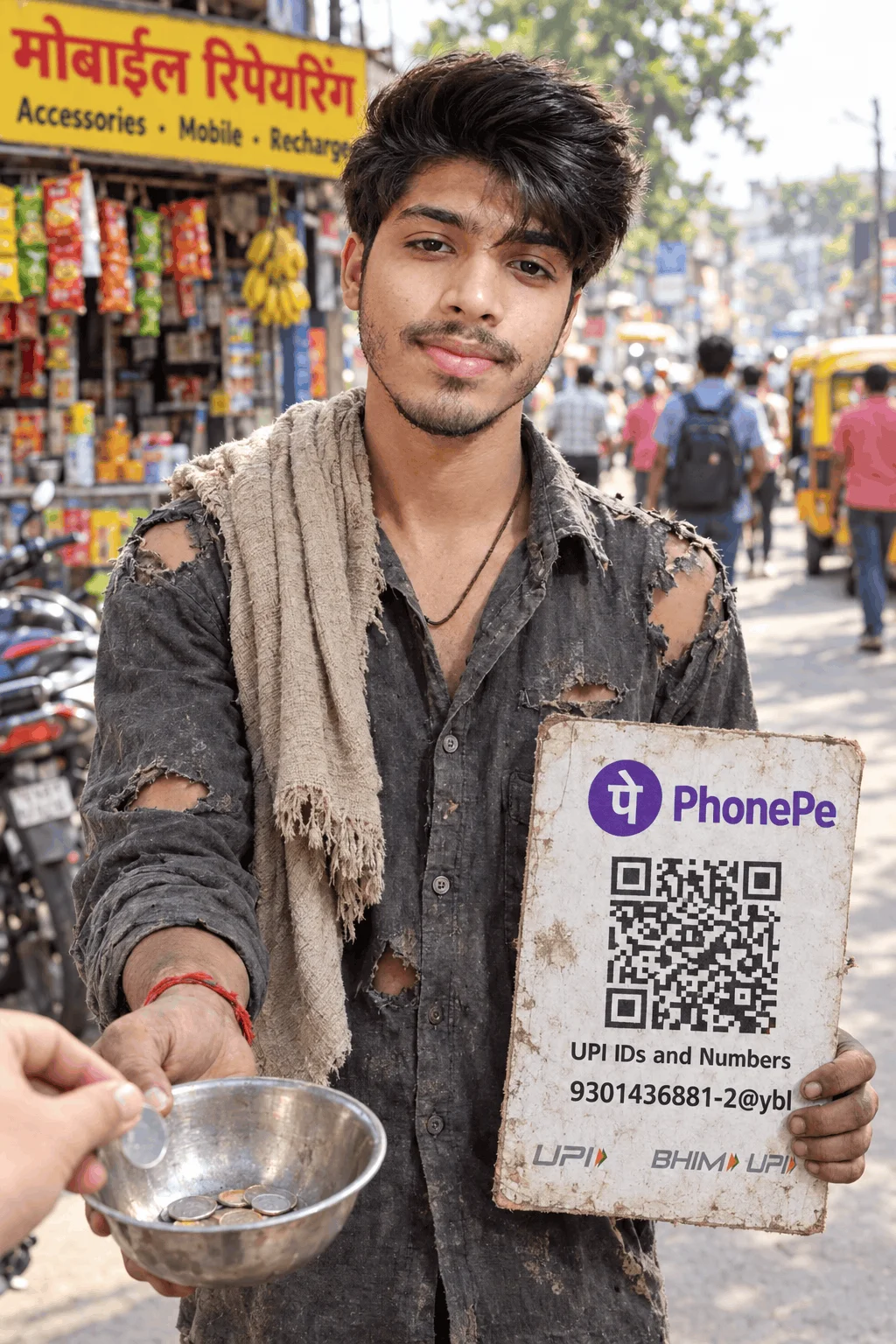 Indian Street Portrait with Torn Shirt and PhonePe QR Sign - AI prompt
