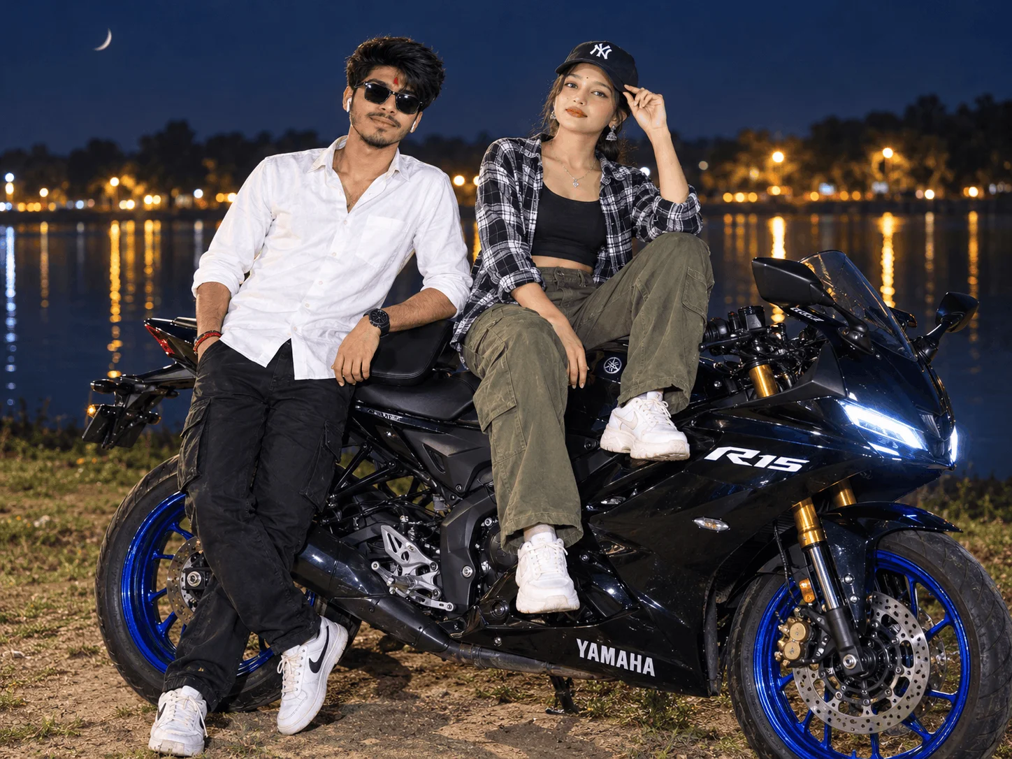 Couple Bike Photoshoot Ideas with a Black Yamaha R15 - AI prompt