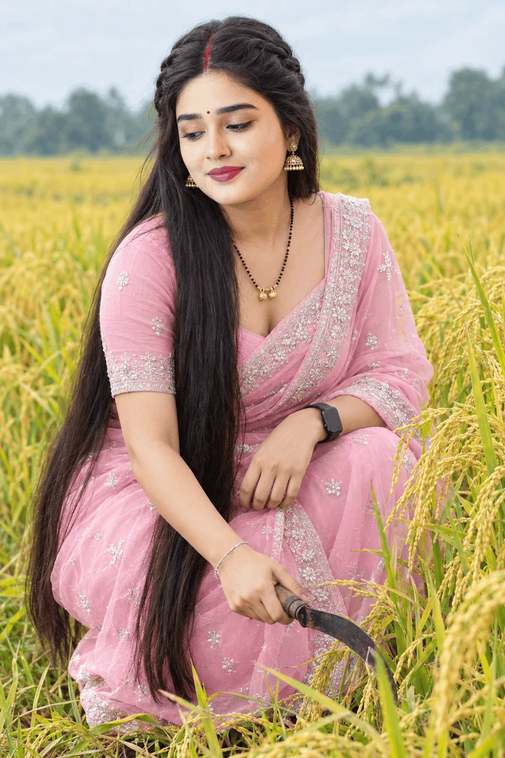 Pink Saree Photoshoot Ideas in a Golden Rice Field - AI prompt
