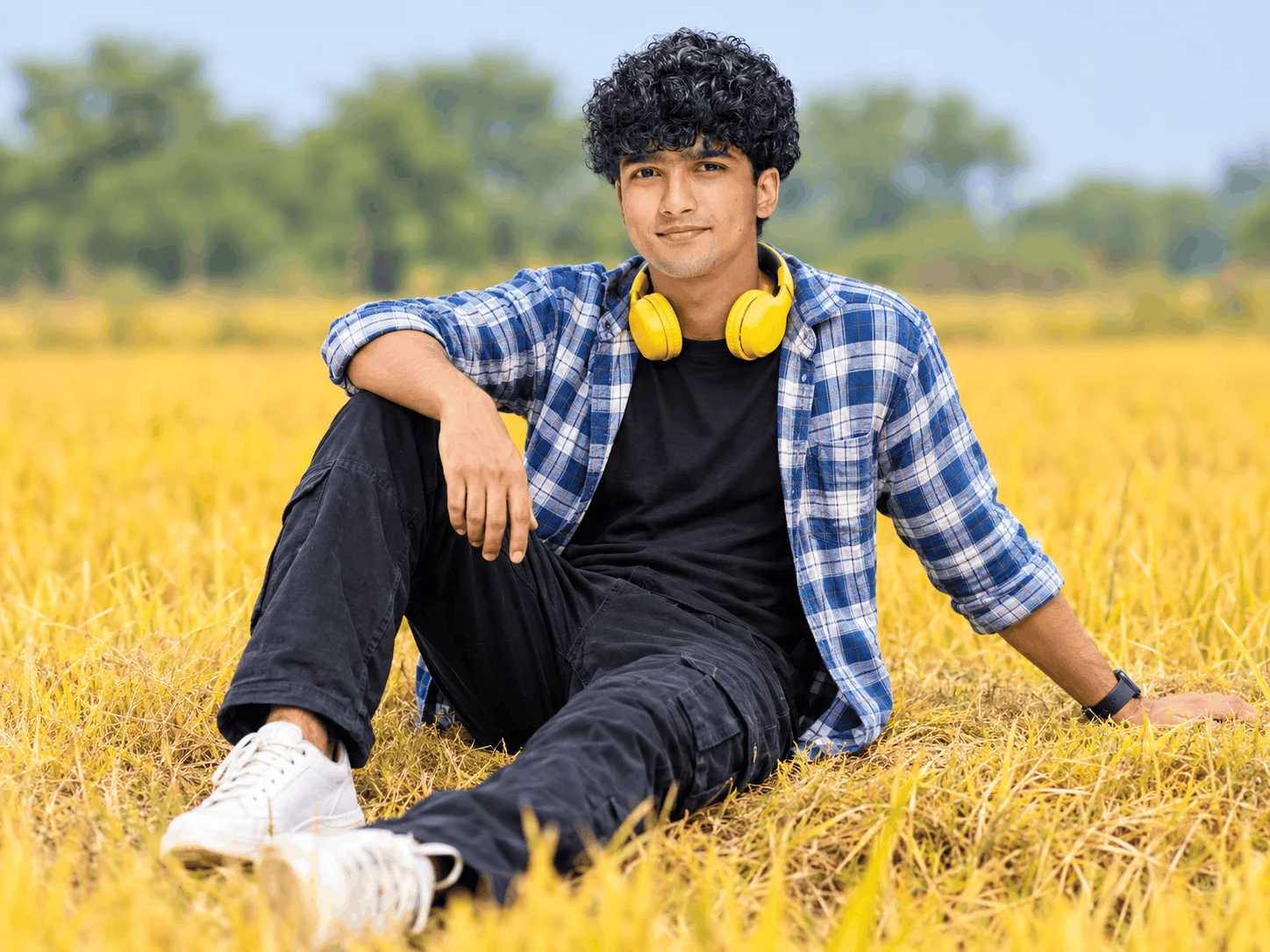 Golden Field Portrait Ideas with Blue Plaid Streetwear