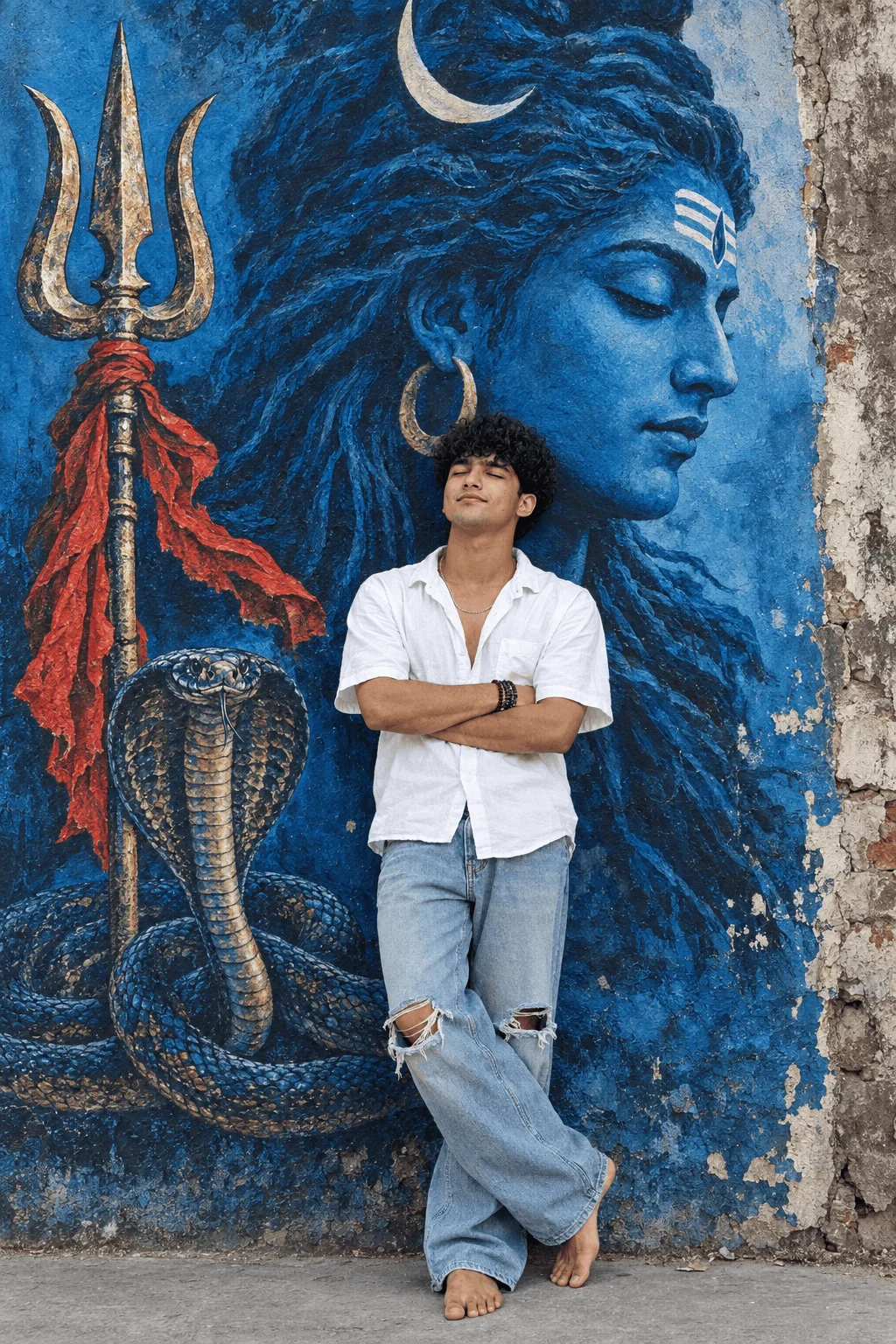 Mahadev Wall Portrait Ideas with White Shirt and Blue Mural - AI prompt