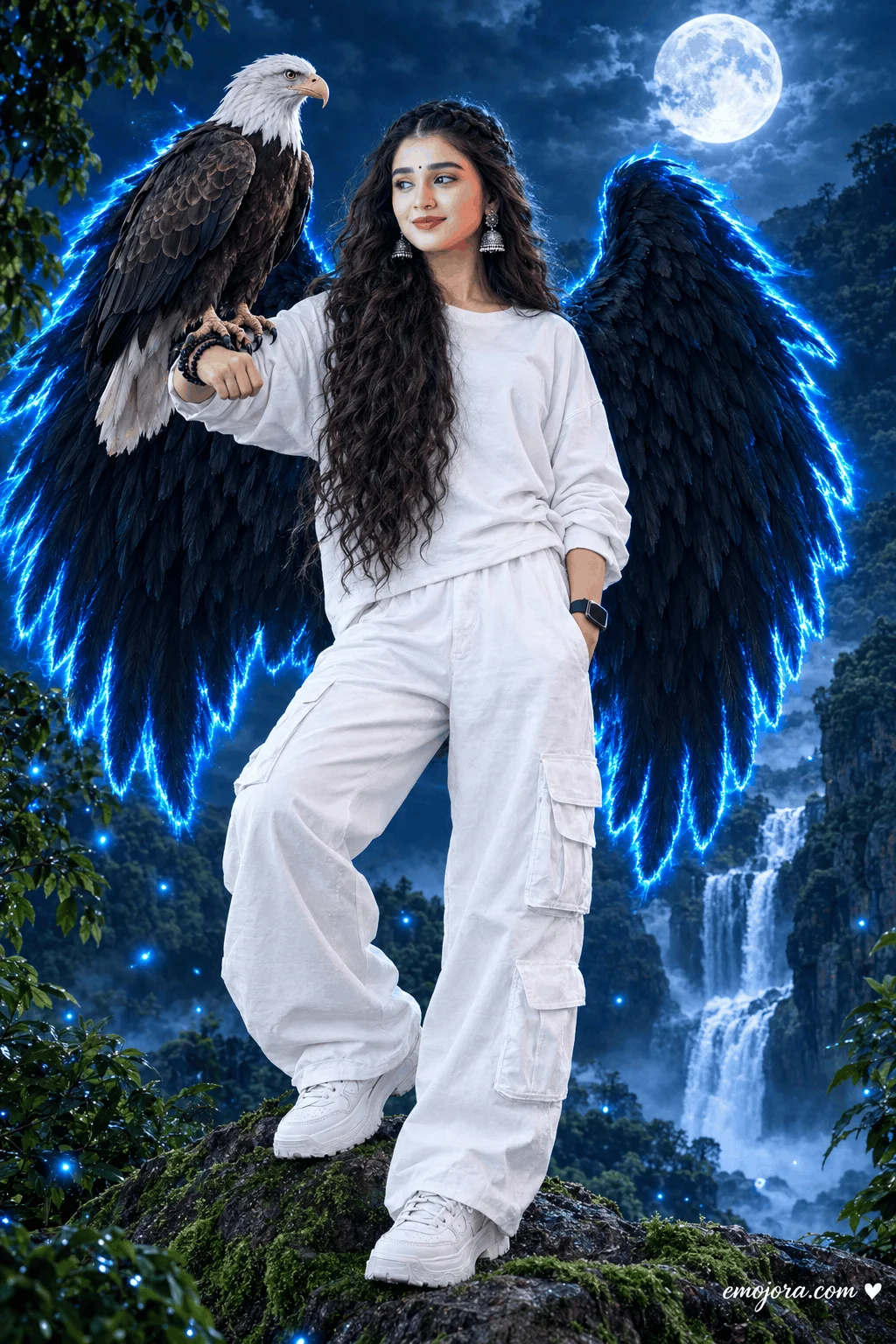 Fantasy Portrait Ideas With Blue Angel Wings at Night