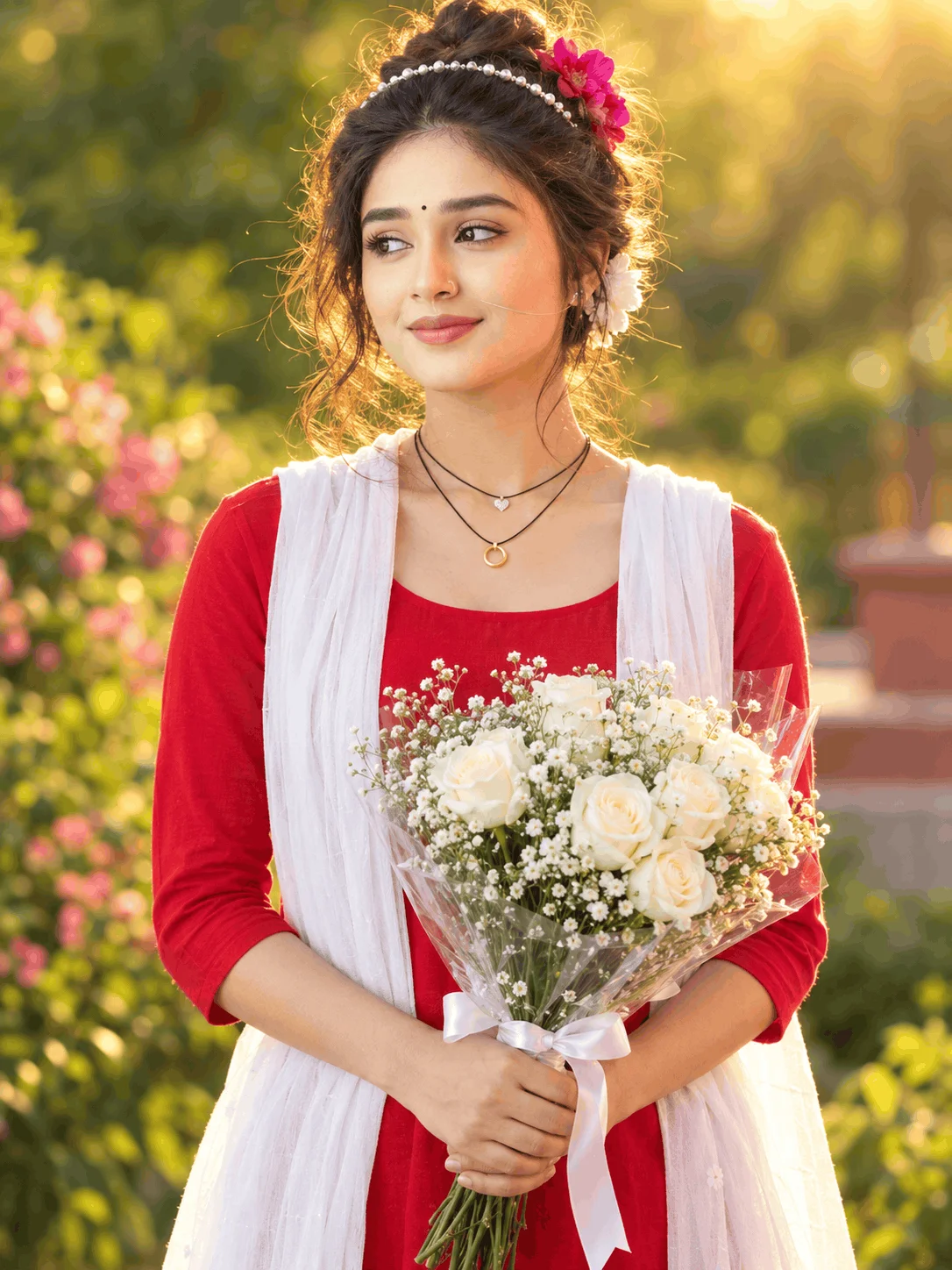Red Kurti Garden Portrait Ideas with White Rose Bouquet