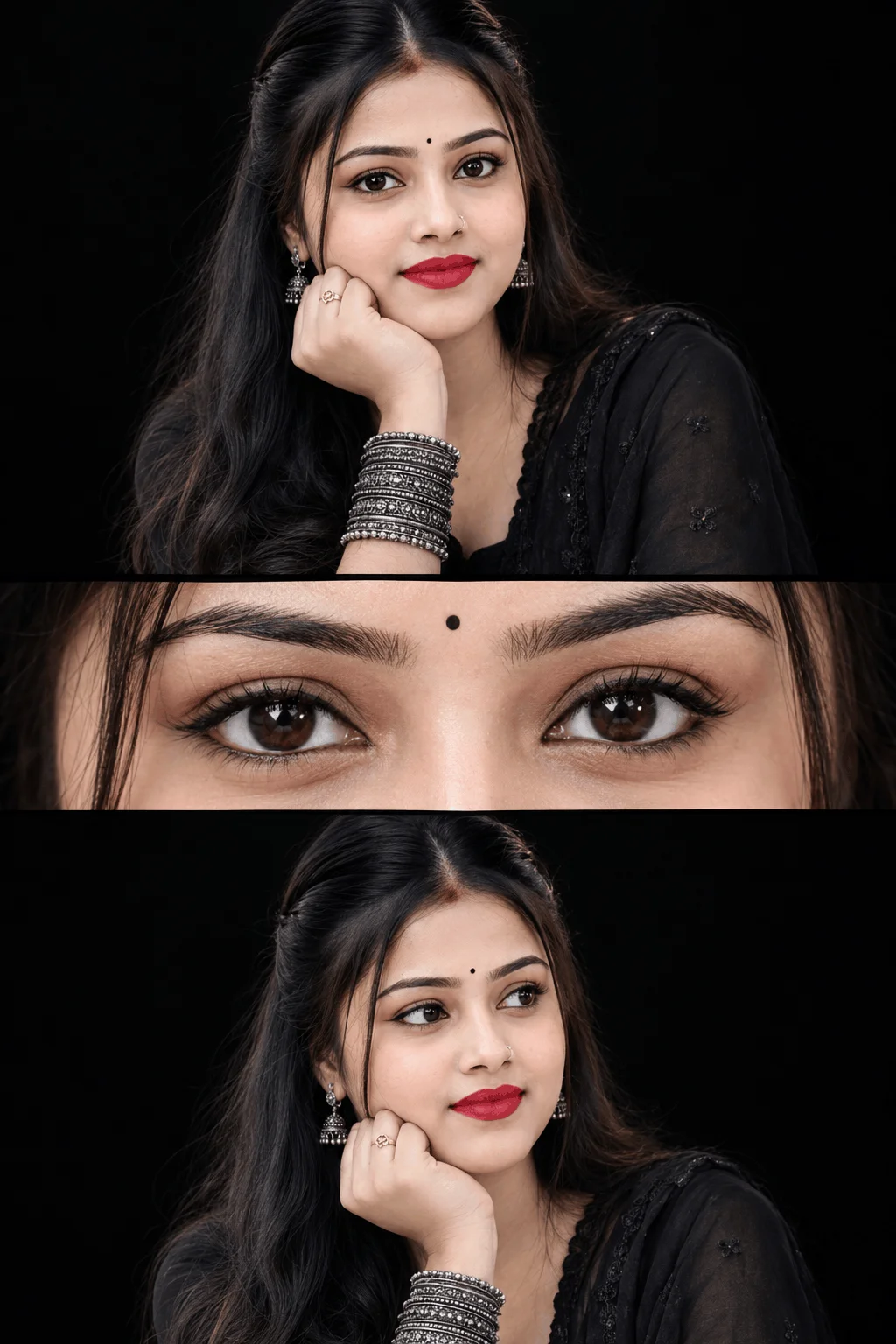 Black Outfit Portrait Ideas with Three-Panel Eye Close-Up