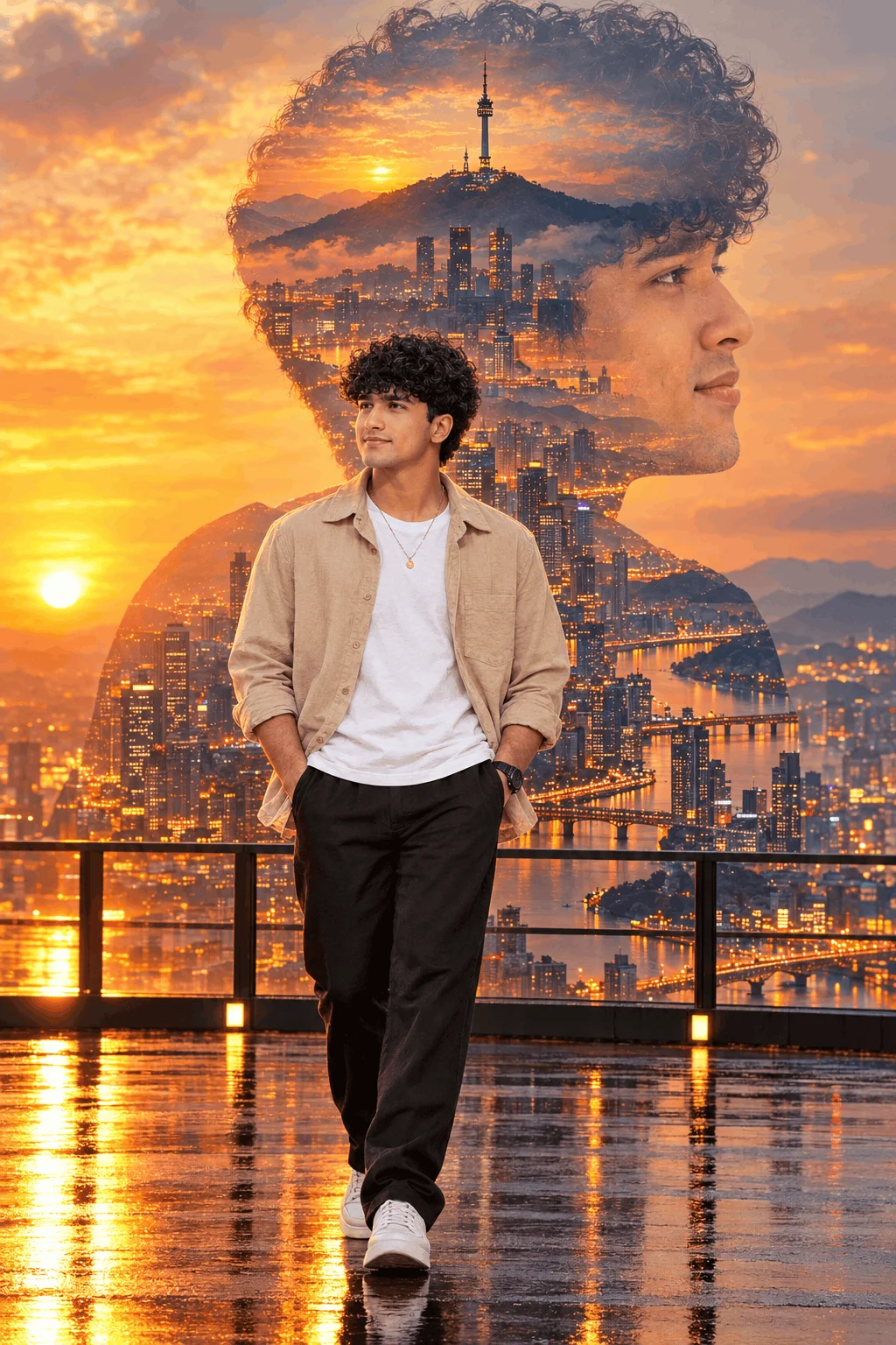 Double Exposure Portrait Ideas with Golden City Reflections
