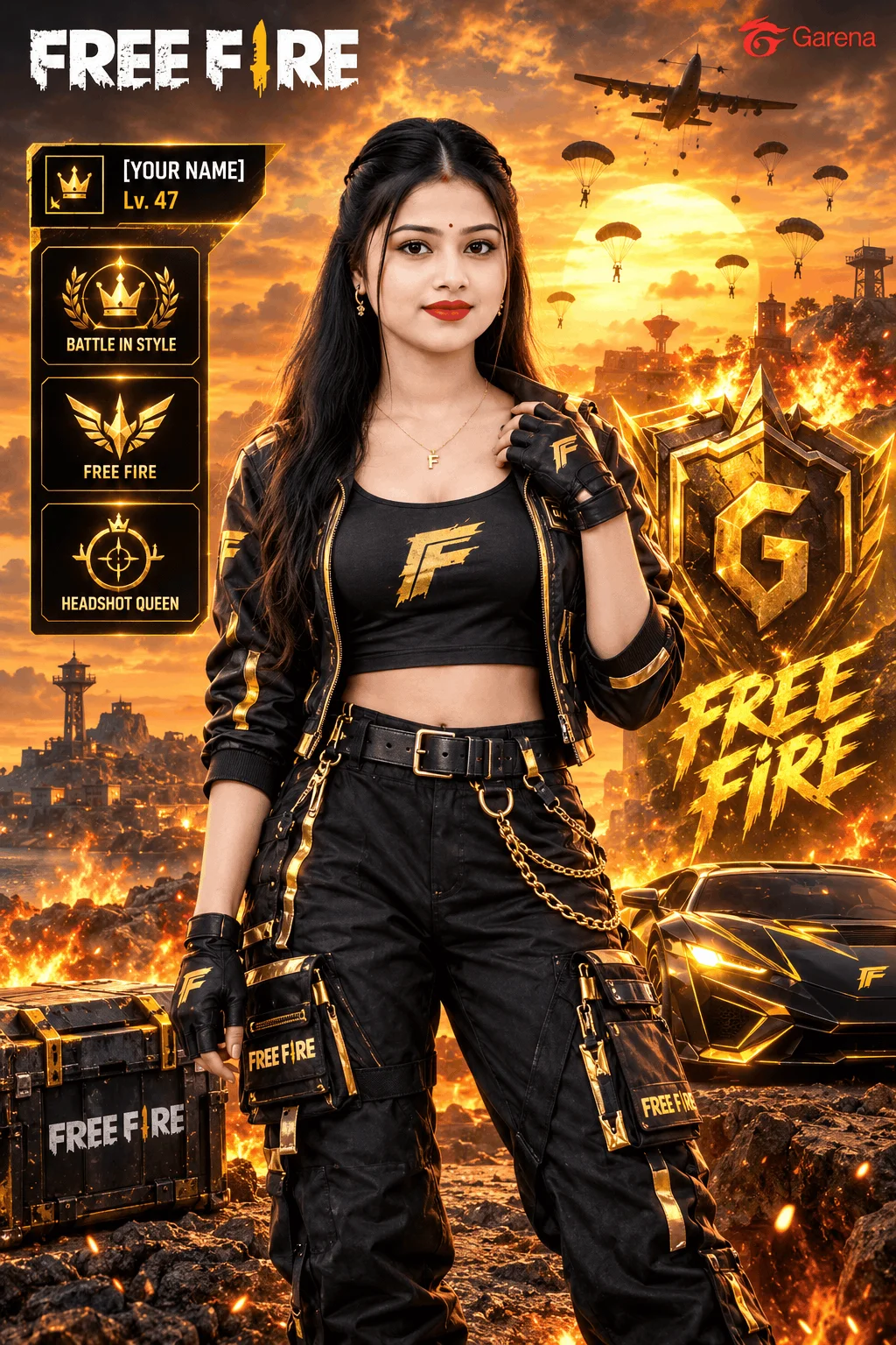 Free Fire Girl Poster Ideas in Black and Gold Style - AI prompt