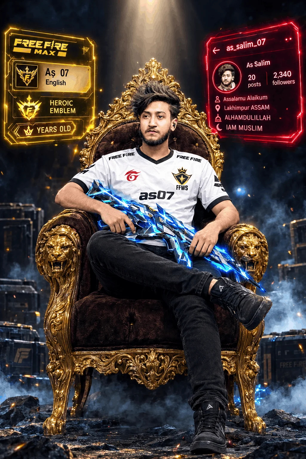 Free Fire Gaming Portrait Ideas With a Golden Throne - AI prompt