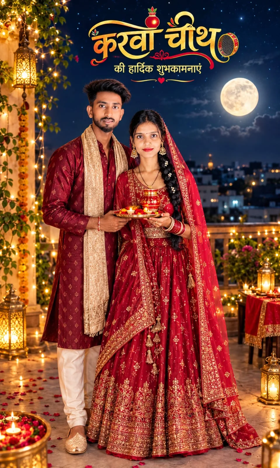 Karwa Chauth Couple Photo Ideas with Moonlit Glow - AI prompt