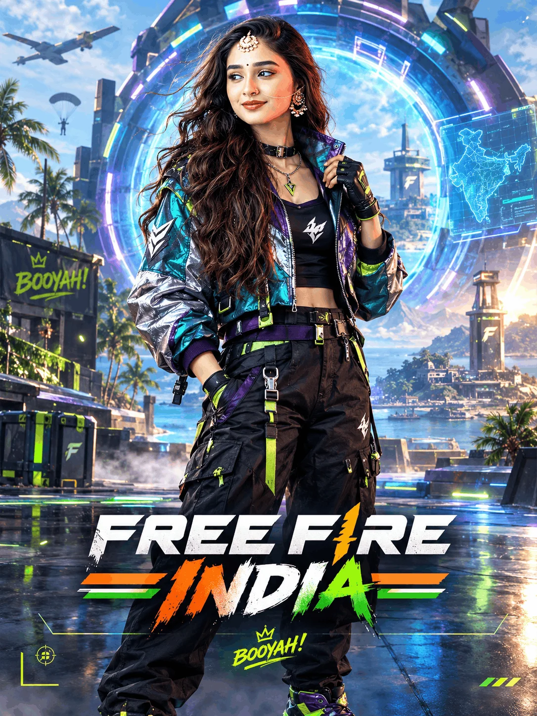 Free Fire India Futuristic Teal &amp; Violet Character Poster Using Your Own Photo - AI prompt