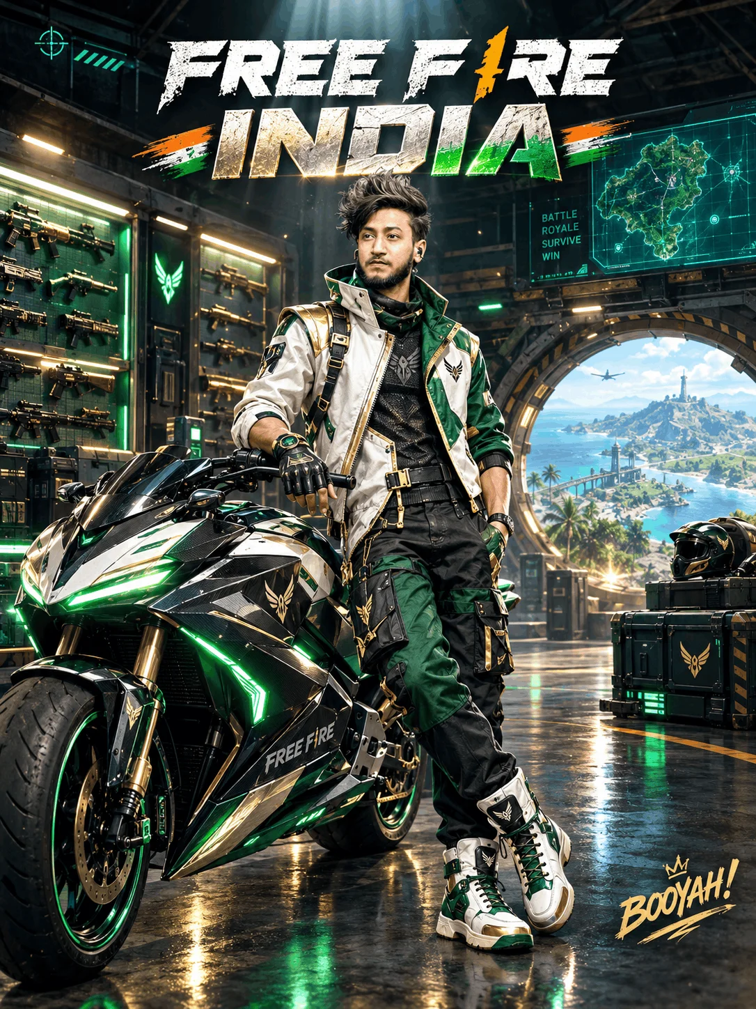 Free Fire India Emerald Green Bike &amp; Armory Poster With Your Own Photo - AI prompt
