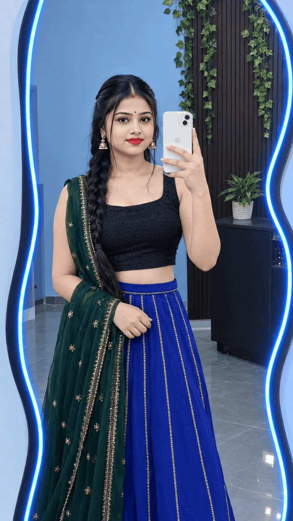 Blue Lehenga Mirror Selfie Ideas with Neon LED Glow