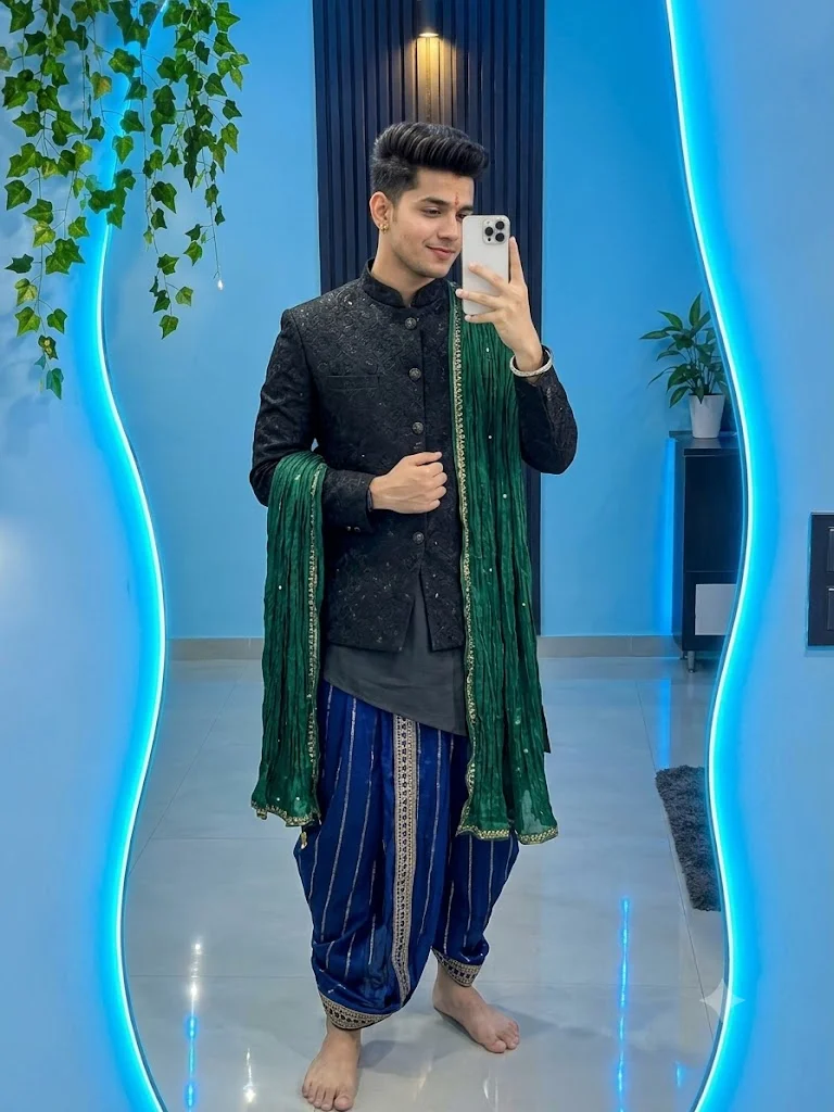 Neon Mirror Selfie Ideas Traditional Dhoti Kurta - AI prompt
