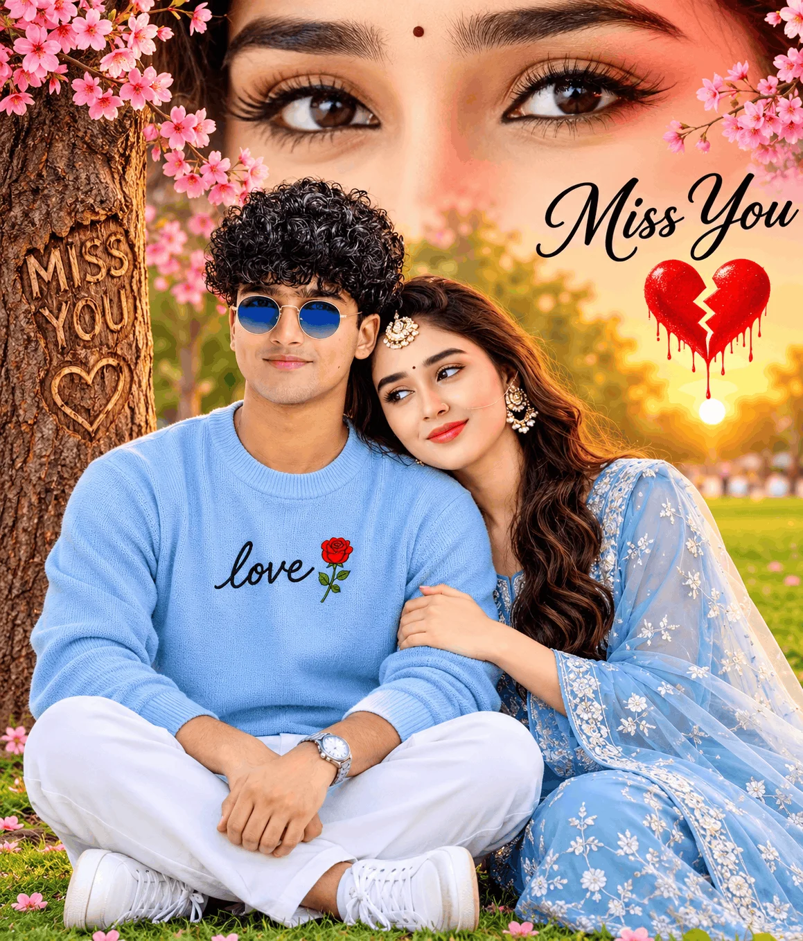 Pink Blossom Miss You Couple Photoshoot Ideas in Blue - AI prompt