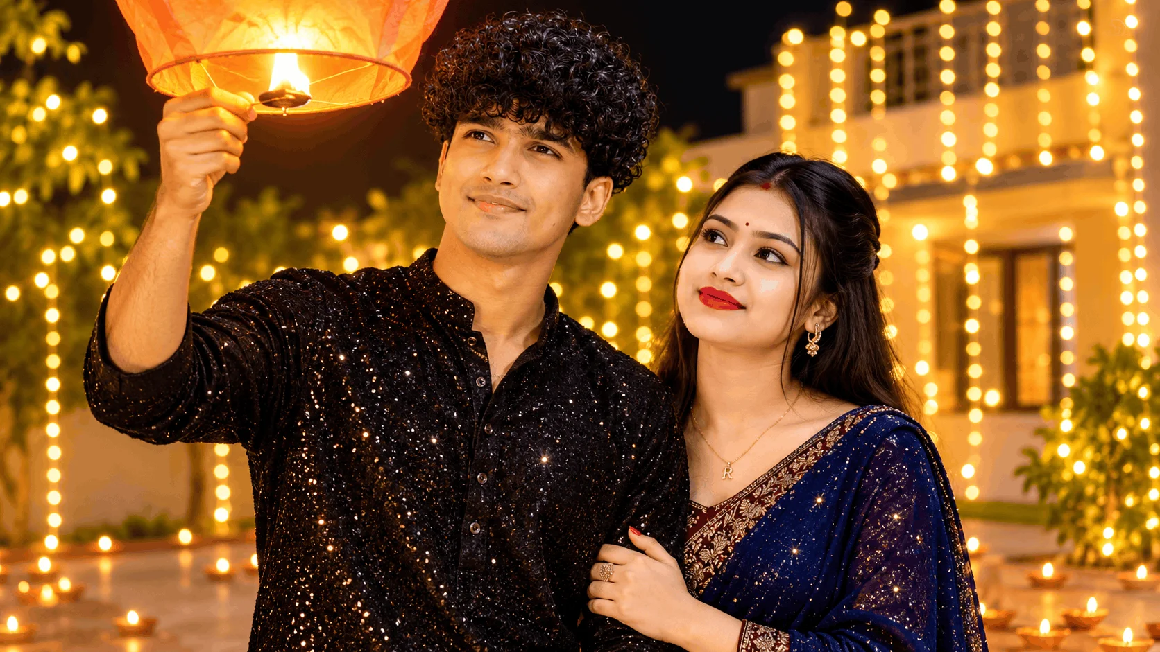 Romantic Diwali Couple Pose with a Glowing Sky Lantern - AI prompt