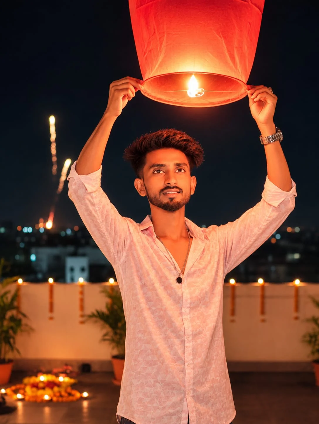 Glowing Red SKY Lantern While Wearing a Light Pink Ai Prompt - AI prompt