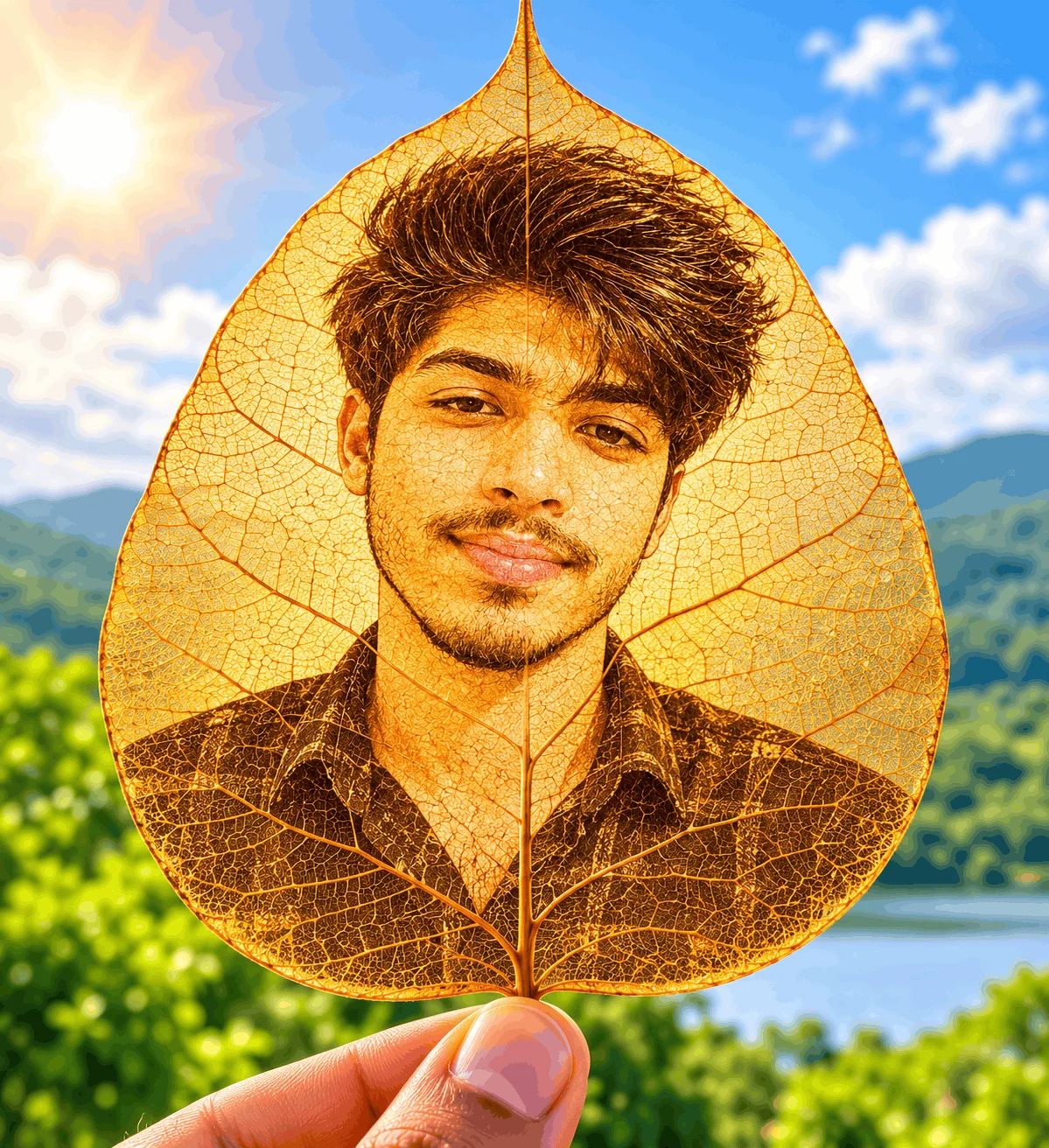 Golden Peepal Leaf Portrait Ideas for Creative Boy DP - AI prompt