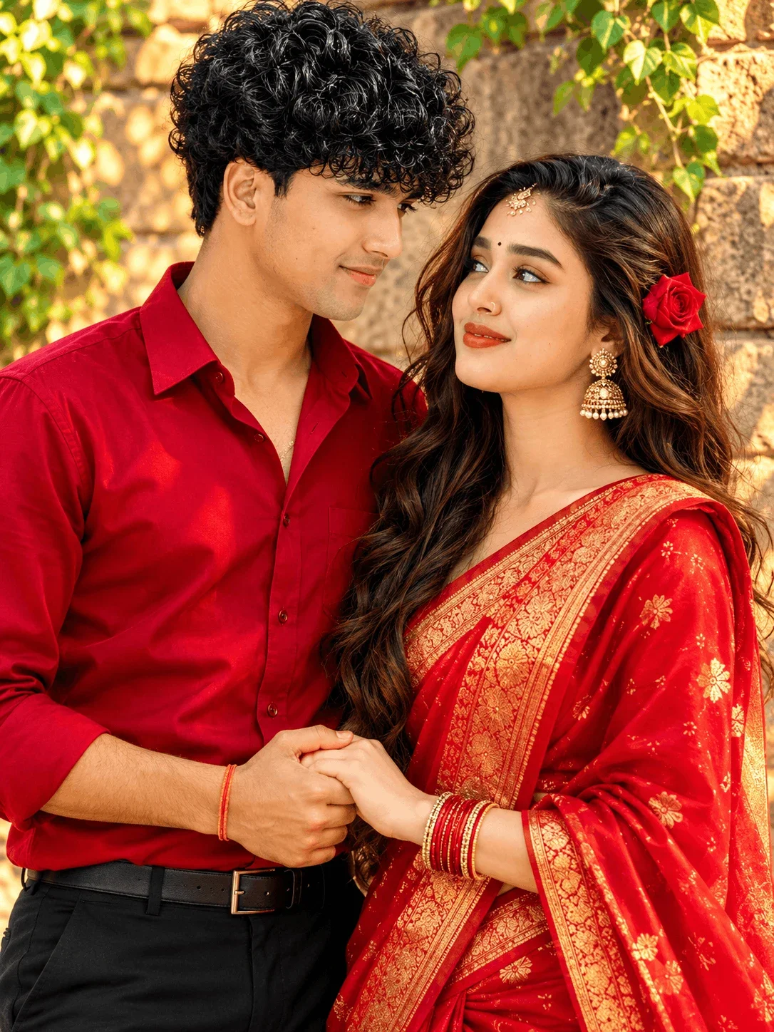 Red Saree Couple Photoshoot Ideas for Romantic DP - AI prompt