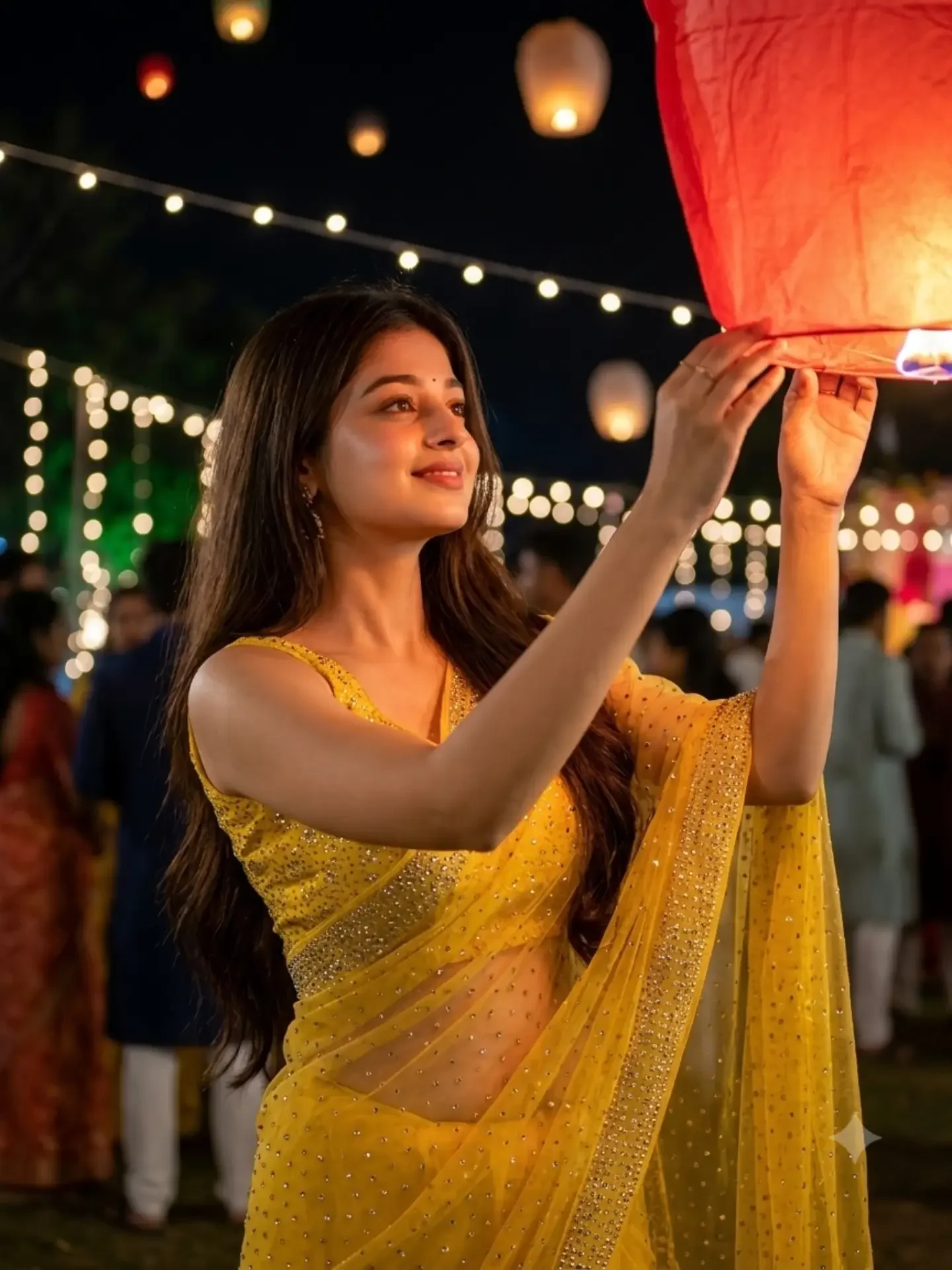 Girl Sky Lanterns Diwali Photo Editing Ai Prompt - AI prompt