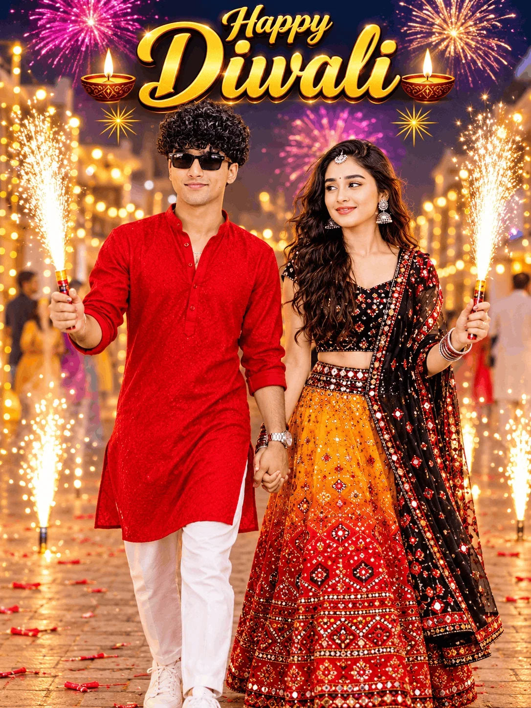 Red Kurta Diwali Couple Photoshoot Ideas for Reels - AI prompt