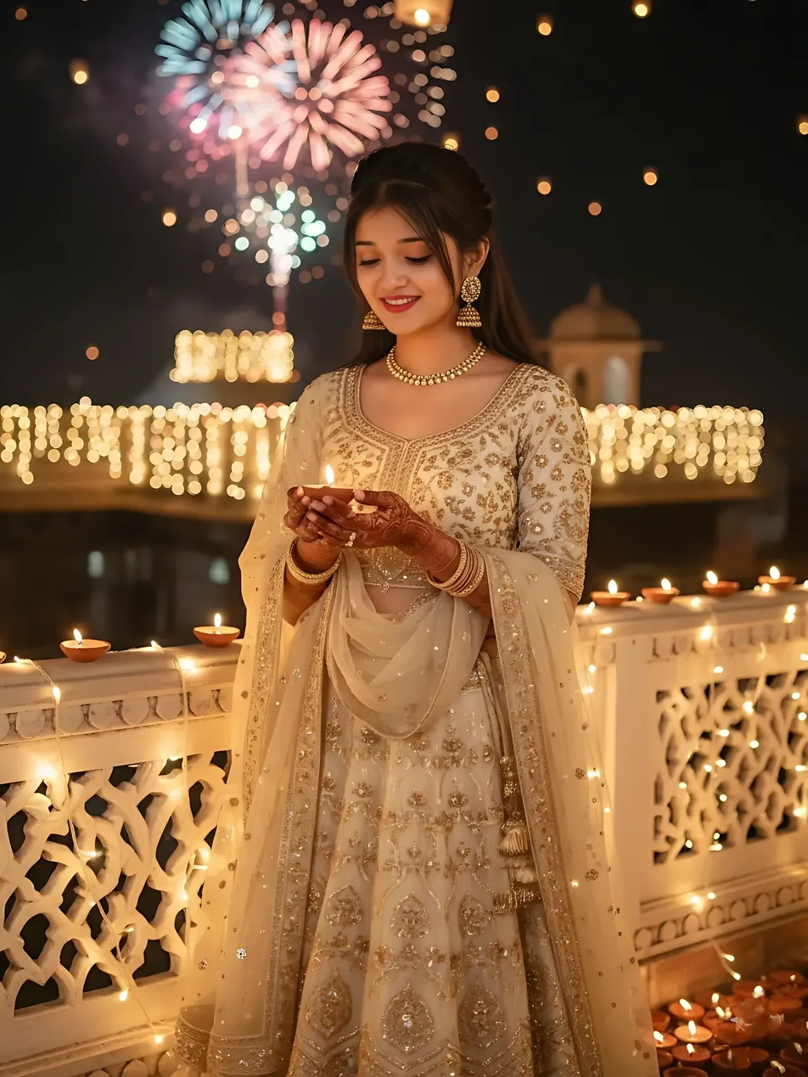 🪔Beautiful Indian Woman Holding Diya During Diwali Fireworks Ai Prompt - AI prompt
