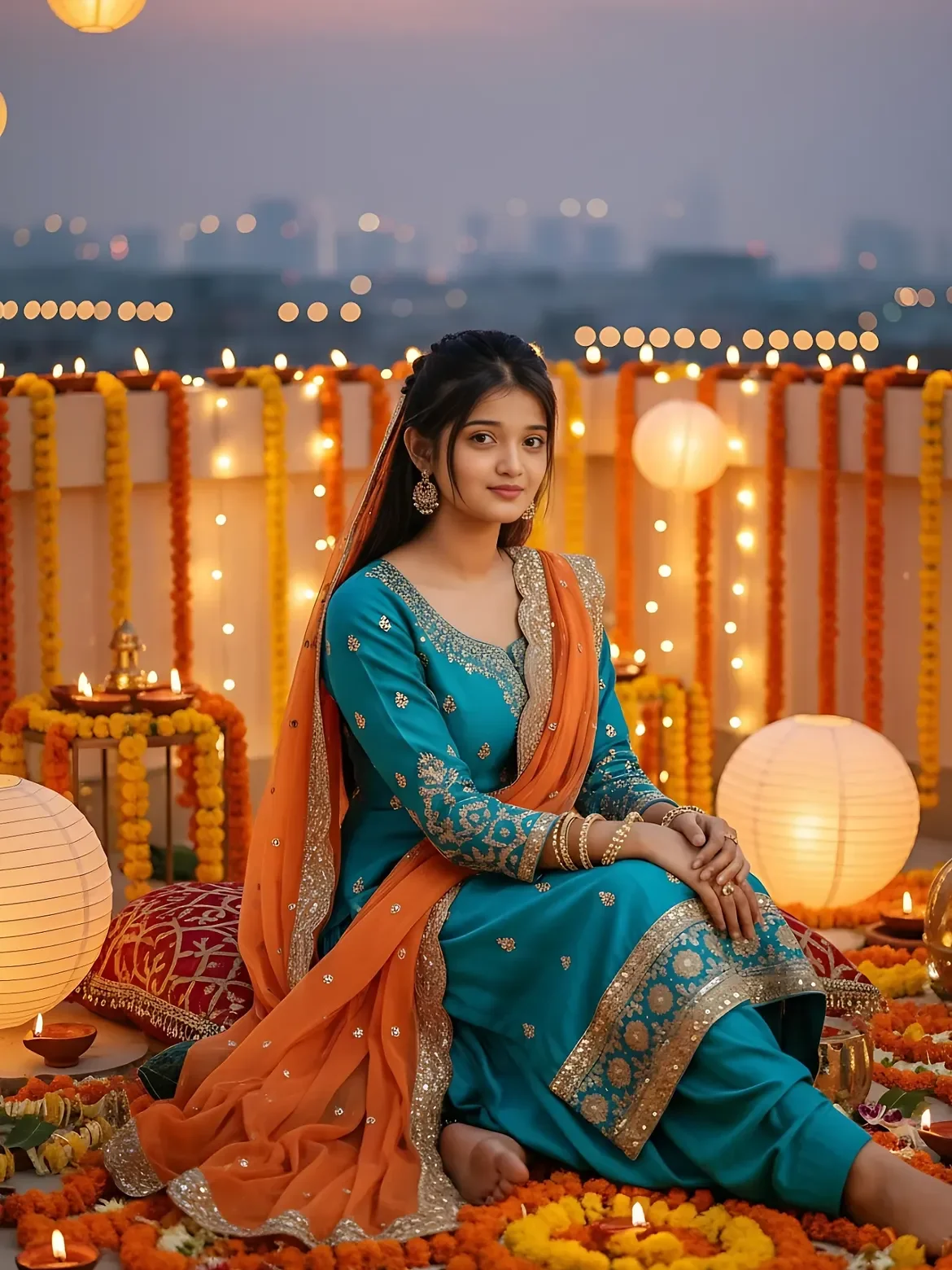 Elegant Woman Sitting Among Diwali Diyas and Marigold Flowers Ai Prompt - Gemini - AI prompt